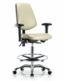 Vinyl Chair Chrome - High Bench Height with Medium Back, Seat Tilt, Adjustable Arms, Chrome Foot Ring, and Casters in Dove Trailblazer Vinyl