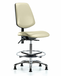 Vinyl Chair Chrome - High Bench Height with Medium Back, Seat Tilt, Chrome Foot Ring, and Stationary Glides in Adobe White Trailblazer Vinyl