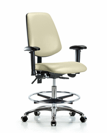 Vinyl Chair Chrome - Medium Bench Height with Medium Back, Adjustable Arms, Chrome Foot Ring, and Casters in Adobe White Trailblazer Vinyl