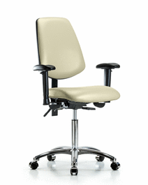 Vinyl Chair Chrome - Medium Bench Height with Medium Back, Seat Tilt, Adjustable Arms, and Casters in Adobe White Trailblazer Vinyl