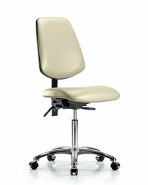 Vinyl Chair Chrome - Medium Bench Height with Medium Back, Seat Tilt, and Casters in Adobe White Trailblazer Vinyl