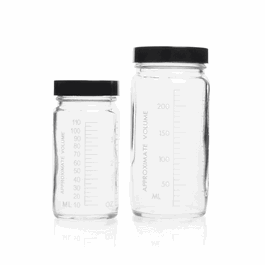 DWK Life Sciences (Kimble) Clear Glass Graduated AC Medium Round Bottles, 125 mL, 48-400 Phenolic Cap with PPTFE-Faced LDPE Foam Liner
