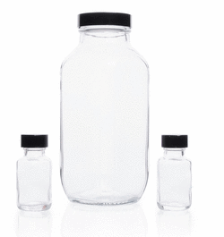 DWK Life Sciences (Kimble) Clear Glass French Square Bottles, 60 mL (2 oz) with 28-400 PE Cone Lined Caps in Bags, Bulk Packs, Shrink Modules