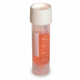 Transport Tube, 5 mL, 16 x 60 mm, with Attached White Screw Cap, PP, Conical Bottom, Self-Standing, Sterile, Printed Graduations, 25/Bag