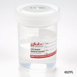 Pre-Filled Container with Click Close Lid: Tite-Rite, 120mL (4oz), PP, Filled with 60mL of 10 Percent Neutral Buffered Formalin, Attached Hazard Label, 24/Box, 4 Boxes/Unit