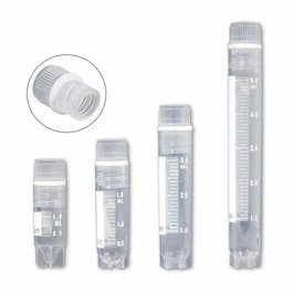 Cryogenic Vials, internally threaded caps with silicone o-ring, 3mL, sterile, printed graduations and marking area, self-standing star foot, 50-place locking rack included with each case, 10 resealable bags of 50 tubes, 500/cs