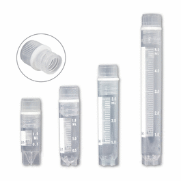 Cryogenic Vials, internally threaded caps with silicone o-ring, 1mL, sterile, printed graduations and marking area, self-standing star foot, 50-place locking rack included with each case, 10 resealable bags of 50 tubes, 500/cs