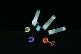0.5 mL Self-Standing Vials, Natural Color Caps, External Thread, Hinged Cap with Sealing Ring, Sterile, 50/pk, 500/box, 2000/cs
