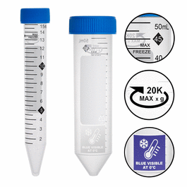 ProSeries(TM) Performance 15mL Tubes, 20000xg max RCF, sterile, HiViz Graduations, Temperature Indicator Patch, 20 plastic racks of 25, 500/cs